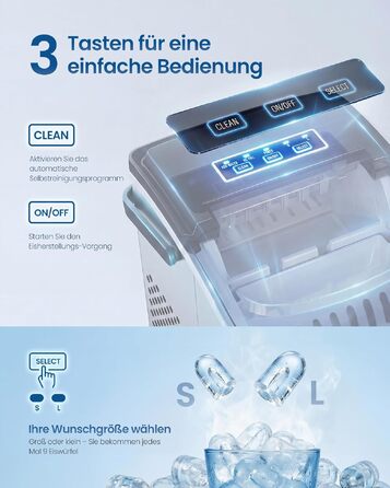 Апарата для льоду SONGMICS XZB001B1EU (Сріблястий): Швидке виробництво 9 кубиків за 6 хвилин, 12 кг/24 год, портативна, для дому, вечірок, кемпінгу