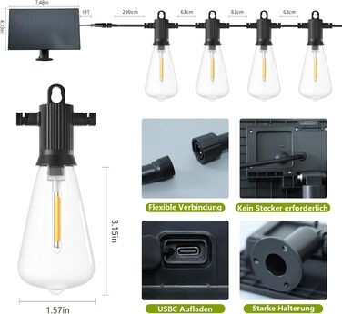 LED гірлянда ZOTOYI для вулиці, 22 лампи ST38, тепле біле світло, солярна, 15м, IP65, для саду, тераси, весілля, вечірок