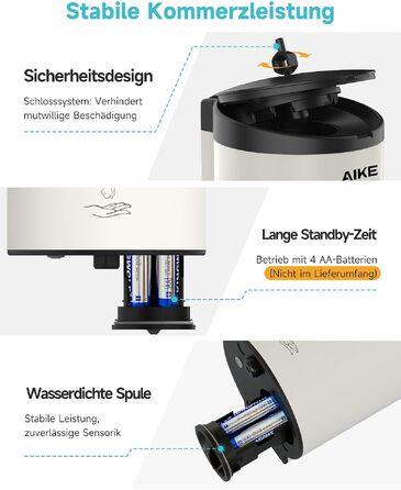 Автоматичний дозатор піни для мила AIKE FoamCore, настінний, 740 мл, 5 рівнів налаштування, нержавіюча сталь, для комерційних санвузлів (білий)