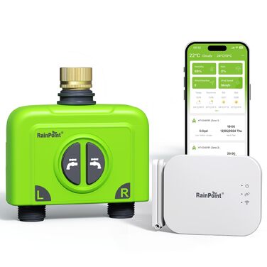 Таймер для поливу RainPoint WiFi 2 виходи, латунь, з Ethernet Hub, управління через APP/голосові команди, IP65, автоматичний полив саду, 2 зони, 6 графіків