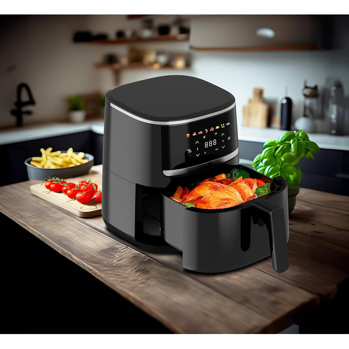 Аерофритюрниця aeco COMPACT 4,3 л з цифровим сенсорним дисплеєм, 1500 Вт, 8 програм, регулювання температури 80-200°C, компактна, з рецептурником