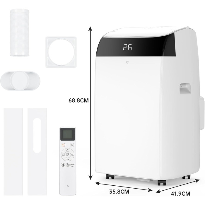 Мобільний кондиціонер Leises 4-в-1 12000 BTU з пультом, таймером на 24 години, функціями охолодження, вентиляції, осушення та Follow-Me для кімнат до 43-51 м²