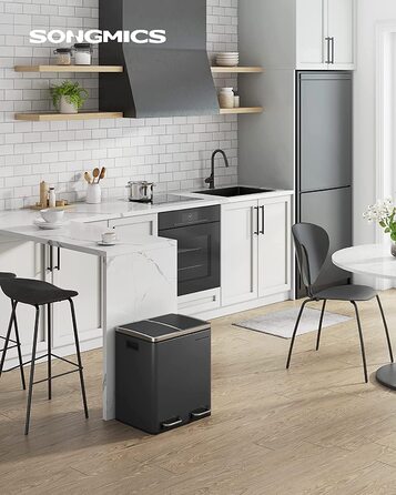 Сортувальний смітник SONGMICS для кухні, 2×15 л, сталевий, двосекційний, педальний, з м'яким закриттям, чорний