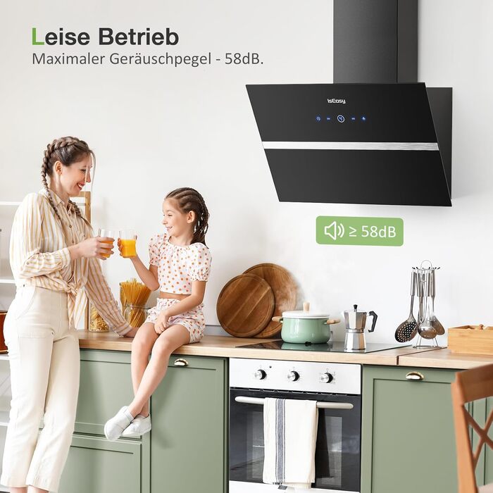 Витяжка кухонна IsEasy 60 см, чорна, потужність 578 м³/год, режим рециркуляції та відведення, 4 рівні швидкості, таймер вимкнення, клас енергоефективності A++