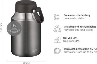 Термоконтейнер для їжі alfi CITY FOOD MUG 470 мл, нержавіюча сталь, ізольований, для супів, салатів, мюслі, зберігає тепло до 7 годин, холод до 14 годин, без BPA, можна мити в посудомийці, колір сірий