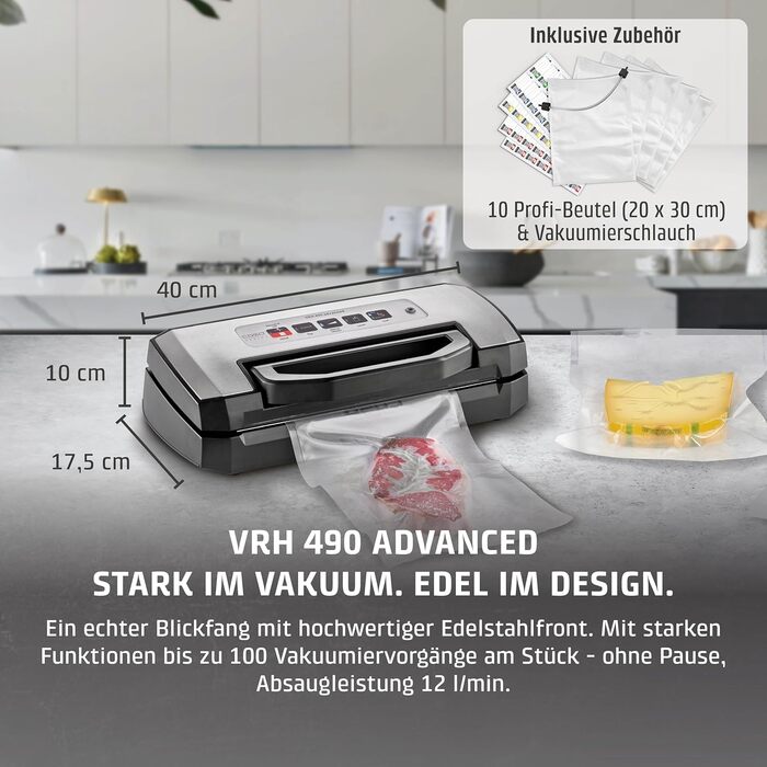 Вакууматор CASO advanced Pro (VRH 490) з функцією CASOTEK Liquid, подвійним швом та набором пакетів, професійний вакуумний пакувальник