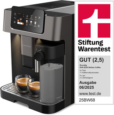 Кавомашина автоматична Grundig KVA 8230, 19 бар, сталева кавомолка, капучинатор, підігрів чашок, чорний/сріблястий