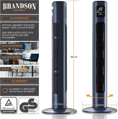 Турмовентилятор Brandson 96 см з пультом, 3 швидкості, осциляція 60°, мобільний підлоговий вентилятор, темно-синій, переможець 2024 року