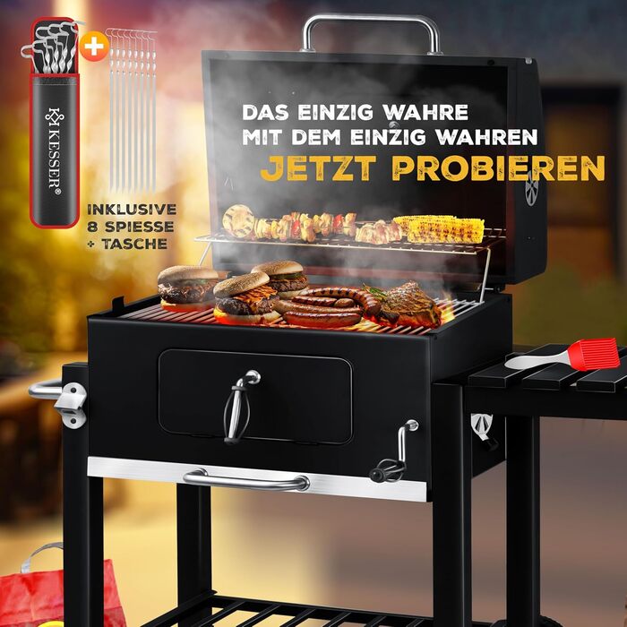 Гриль KESSER® Grillwagen BBQ Smoker XL з коліщатками, термометром та аксесуарами. Чорний котел для барбекю з нержавіючої сталі, решітка та 8 шампурів