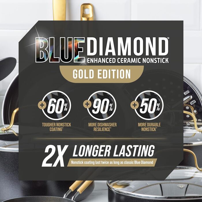 Набір посуду Blue Diamond Gold для індукційних плит, 14 предметів, з діамантовим антипригарним покриттям без PFOA та PFAS, стійкий до металевих приборів, підходить для посудомийних машин, чорний