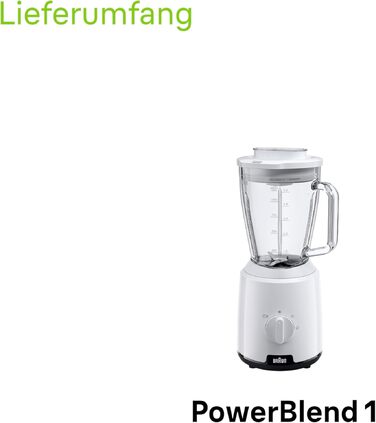 Блендер Braun PowerBlend 1 JB1050WH білий - скляна колба 1.5л, 600 Вт, подрібнювач, для смузі та льоду