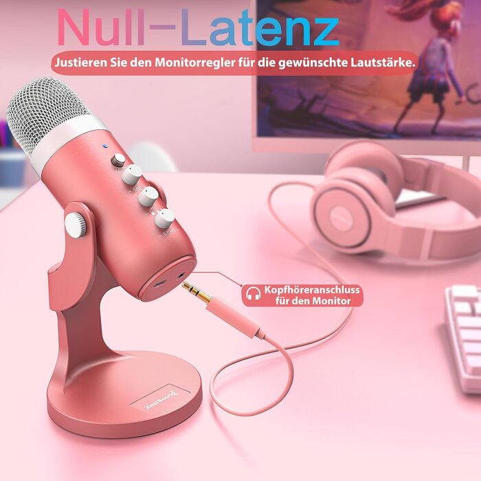 Zealsound USB мікрофон K66 для ігор, запису, стрімінгу, ASMR, подкастів, TikTok, YouTube, Twitch, з шумозаглушенням, моніторингом та кнопкою вимкнення звуку, для iPhone, смартфонів, ПК, PS4/5, рожевий