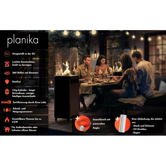 Газовий обігрівач Planika Faro – 8kW, чорний, для тераси та саду, з кришкою, 36 x 36 x 150 см (Газовий балон не входить у комплект)