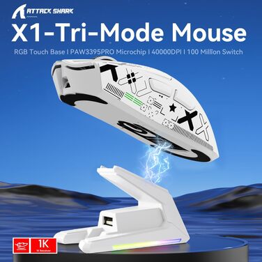 Ігрова миша Attack Shark X1 White: сенсор PixArt PAW3395PRO, 40000 DPI, вага 53г, RGB док-станція з тачпадом, бездротова (BT/2.4G) та дротова, для Windows, Xbox, PS, Mac