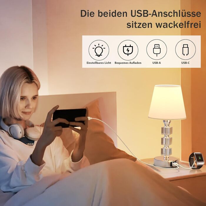 Настільна лампа Livofloral з сенсорним димером, USB A+C, LED, кришталем і тканинним абажуром, для спальні, дитячої, вітальні, готелю, біла
