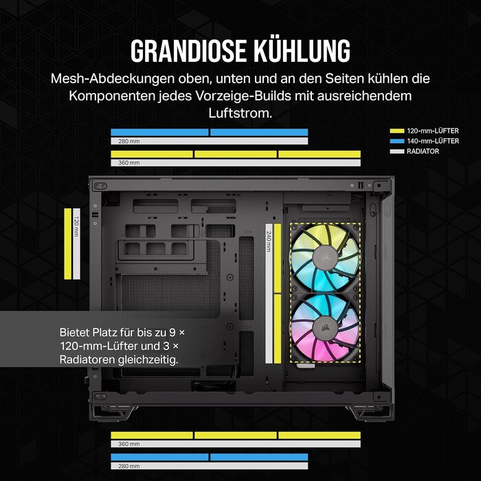 Корпус для ПК CORSAIR iCUE Link 2500X RGB, загартоване скло, mATX, Mid-Tower, подвійна камера, 2 вентилятори RX120 RGB у комплекті, широка сумісність з охолодженням, плата з реверсивним підключенням