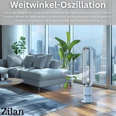Вентилятор Zilan Turmventilator з пультом дистанційного керування, BLDC мотор, 10 режимів, 900 м³/год, коливання, таймер, сенсорний дисплей