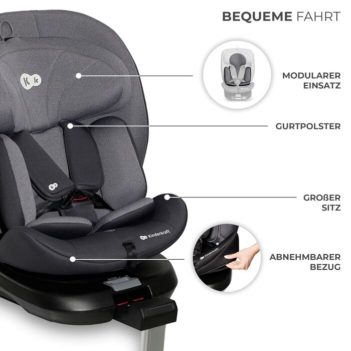Дитяче автокрісло Kinderkraft I-360, 0-36 кг, I-Size 40-150 см, обертається на 360°, ізофікс, регульована підголівник і спинка, сіре