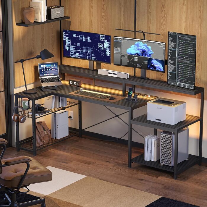 Ігровий стіл Bestier L-подібний 181x80 см з LED підсвіткою, розетками та USB, чорний карбон