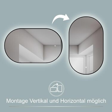 Дзеркало для ванної кімнати LED HOKO Design Turin овальне 45x75 см, чорний матовий каркас, сенсорне керування, зміна кольору світла (тепле/холодне/нейтральне)
