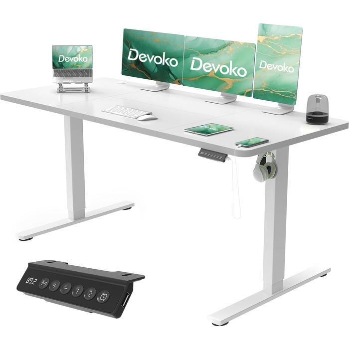 Електричний регульований стіл Devoko з USB, 160x70 см, білий – офісний комп'ютерний стіл для роботи сидячи/стоячи