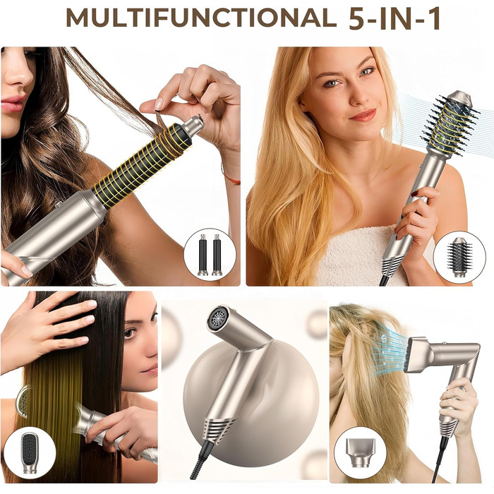 UKLISS Airstyler 5-в-1: Фен-щітка, стайлер для волосся з іонізацією, випрямляч, плойка для локонів, насадки для укладання. Золото-білий колір