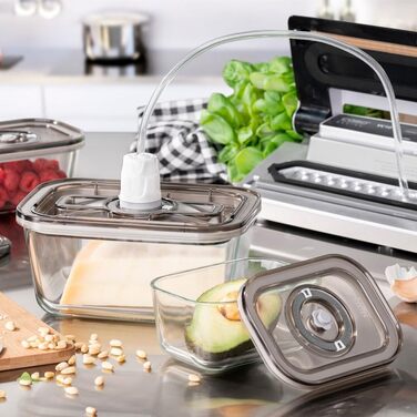 Набір вакуумних контейнерів Caso VacuBoxx Eco-Set з боросилікатного скла (3 шт.), без BPA, термостійкі та придатні для посудомийки та морозильника, з адаптером та шлангом