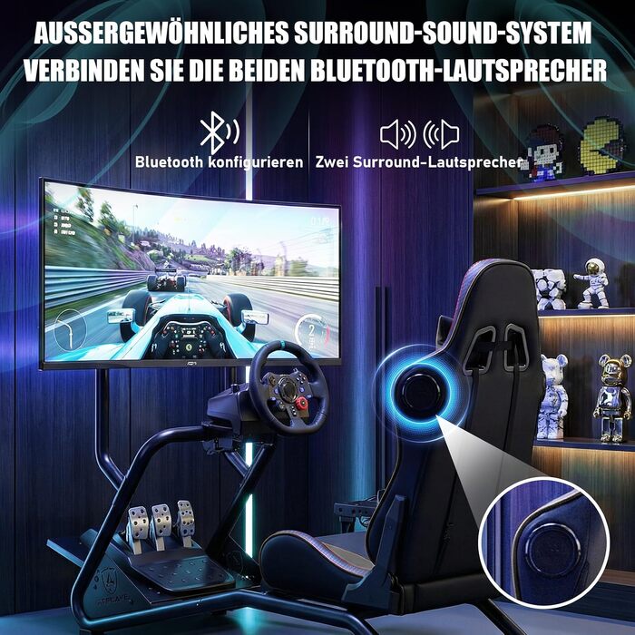 Ігровий симулятор GTPLAYER Simulator Cockpit: стійка для керма з 3D-стереодинаміками, тримачем для монітора, педалей та важеля КПП, регульована, чорна