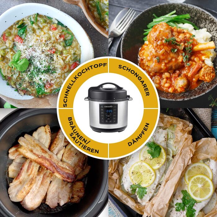 Мультиварка Crockpot Express 12-в-1, програмована, 5,6 л, з функціями повільного приготування, пароварки та смаження, для 6–7 осіб, нержавіюча сталь