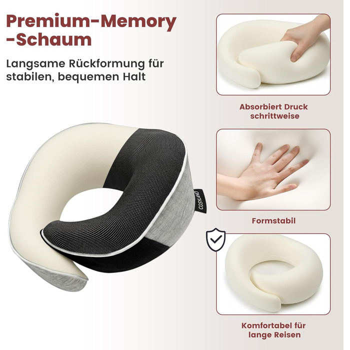 Подорожня подушка для шиї COSYLAND з ефектом пам'яті (Memory Foam) для літака та авто, ергономічна підтримка 360°, регульована, сіра (набір: чохол, маска для сну, беруші)