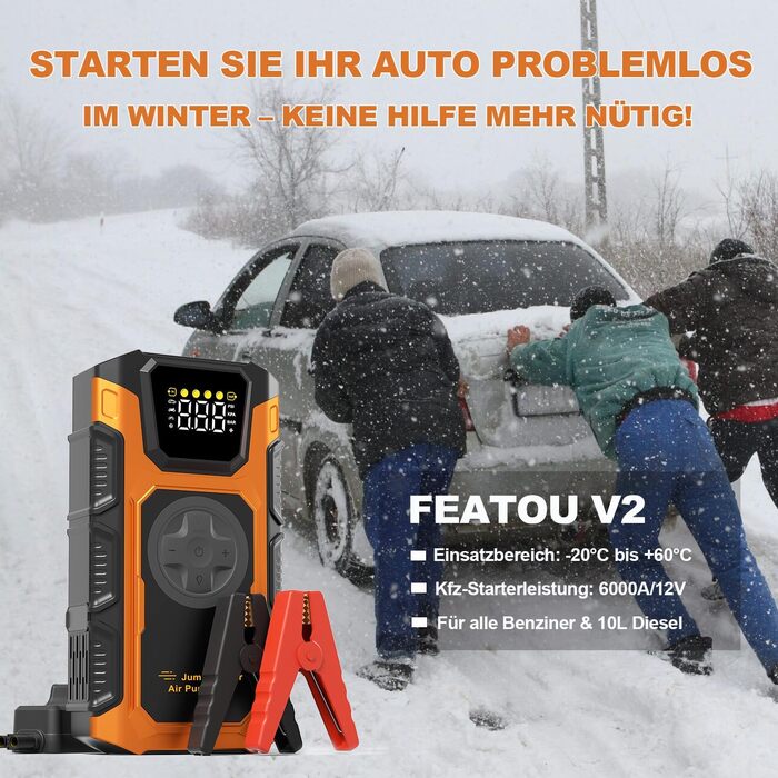 Пусковий пристрій (бустер) для авто Starthilfe 6000A з компресором 150 PSI, Powerbank 12V для бензинових та дизельних двигунів до 10л, з QC3.0, LCD-дисплеєм та ліхтарем, помаранчевий