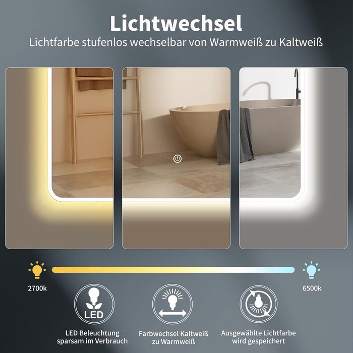 Дзеркало для ванної кімнати HOKO LED Texas 60x80 см з підсвічуванням, підігрівом проти запотівання та чорним металевим каркасом. Можливість монтажу HOCH+QUER. Сенсорне управління, перемикання світла 2700-6500K (тепле, холодне, нейтральне біле світло).
