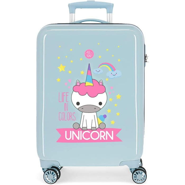 Дитяча валіза Roll Road Little Me Єдиноріг, 37x55x20 см, жорсткий ABS, 32 л, 2,5 кг, 4 подвійні колеса, кодовий замок, ручна поклажа, блакитна