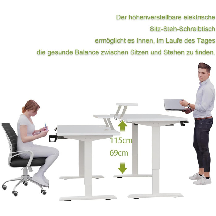 Електричний стіл Radlove з регулюванням висоти, моніторна полиця, LED-дисплей, 140x76 см, білий. Стол для дому та офісу