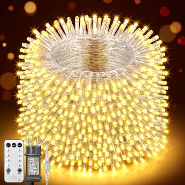 Світлодіодна гірлянда 50м 500 LED теплий білий колір, водонепроникна з димером та 8 режимами роботи, прозорий дріт для вулиці та дому
