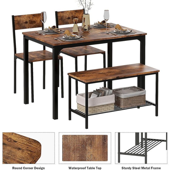 Обідній гарнітур sogesfurniture 4 предмети: стіл 110×70×76 см, 2 стільці, лавка, металевий каркас, прямокутний кухонний стіл з полицею для вітальні, їдальні, вінтажний коричневий