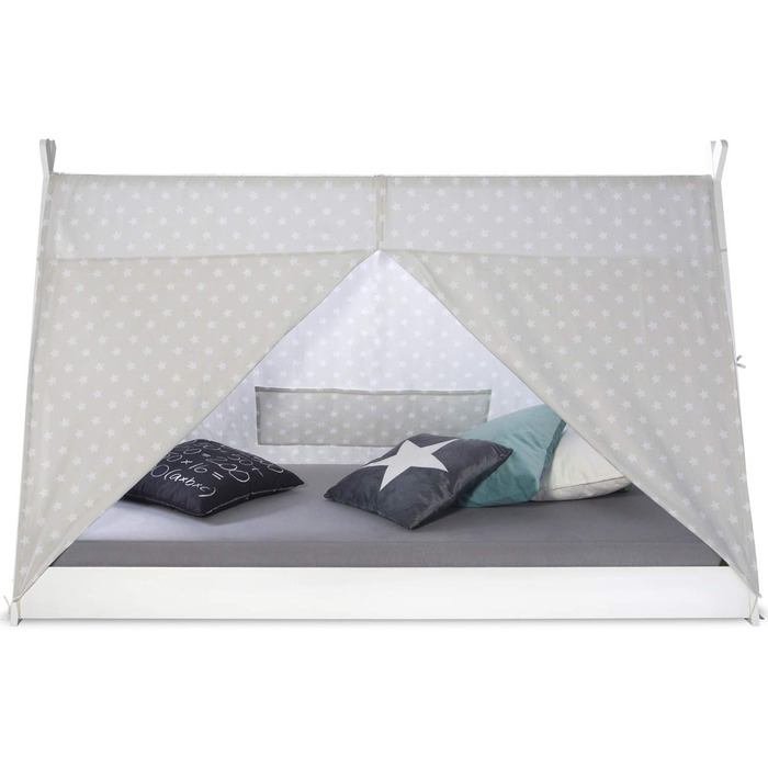 Дитяче ліжко Homestyle4u 90x200 см, біле/сіре, зірки, будиночок, типі, з ламелями, дерев'яне