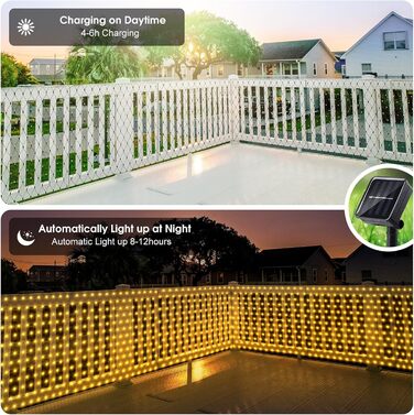 Сонячна сітка-ліхтарик 3x2 м 200 LED для вулиці, тепле біле світло, гірлянда на кущі з пультом, таймером, 8 режимів, для саду, Хелловіну, весілля