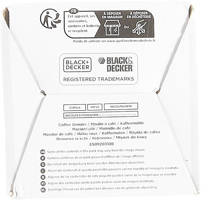 Кавомолка Black+Decker BXCG150E, 150 Вт, пластик, чорна, для 12 чашок, для кавових зерен