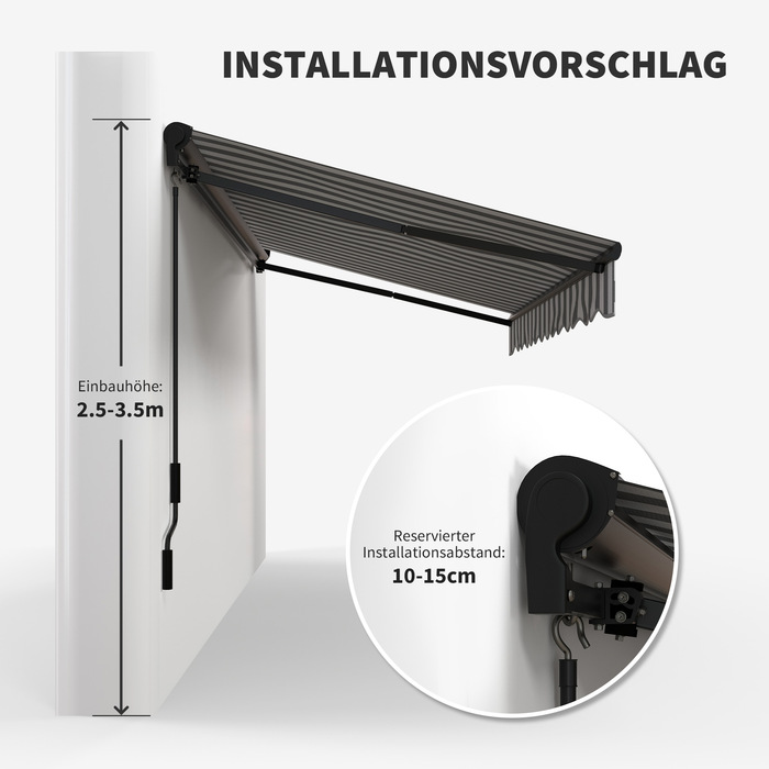 Електричний балконний тент Outsunny Folding Arm 395 x 250 см Захист від сонця із захистом від ультрафіолету, ручна рукоятка, регульована касетна маркіза з дистанційним керуванням, сірий+білий