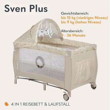 Дитяче ліжечко-манеж Lionelo Sven Plus 4 в 1 з пеленальним столиком, москітною сіткою, бічним входом, для новонароджених до 15 кг, складане, з сумкою