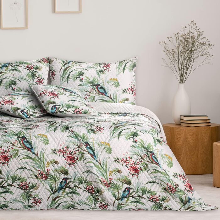 Покривало AmeliaHome 260x280 см, двостороннє, легке у догляді, стьобане, з рослинним і пташиним візерунком, багатобарвне, Kingsfisher