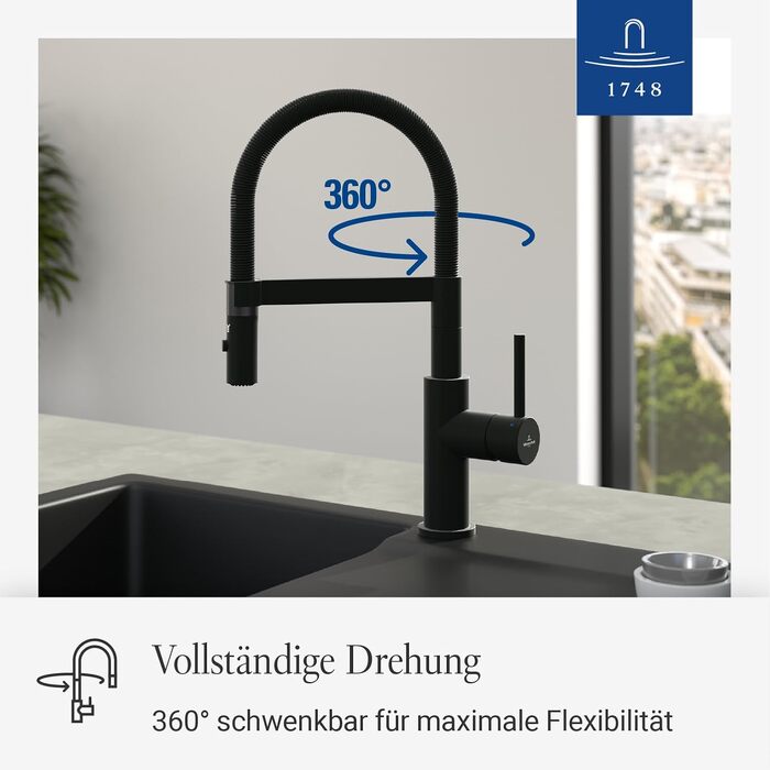 Змішувач кухонний Villeroy & Boch Steel Expert Compact, чорний матовий, з висувним гусаком та перемикачем, висота 143мм