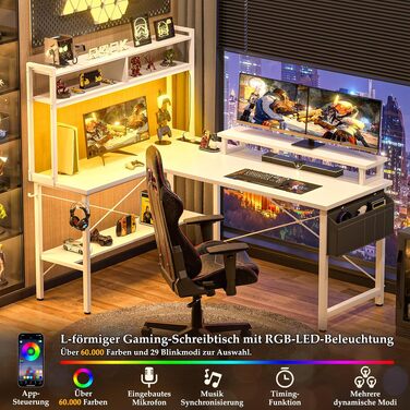 Кутовий ігровий стіл iSunirm L-подібний з LED-підсвіткою, розетками, підставкою для монітора та полицею, білий