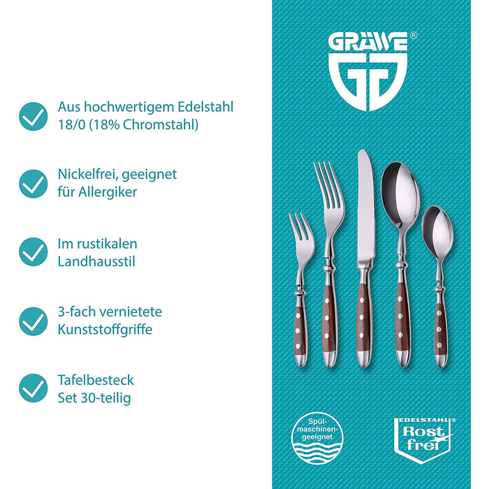 Набір столових приборів GRÄWE Nürnberg для 6 осіб, 30 предметів, з нержавіючої сталі, ковані, важкі, з коричневими ручками, рустикальний стиль