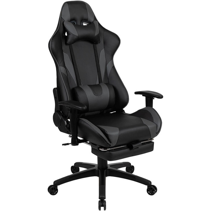 Ігрове крісло Flash Furniture X30, ергономічне, з повністю регульованою спинкою та висувною підставкою для ніг, LeatherSoft, сіре, стиль автоспорт, 1 шт.