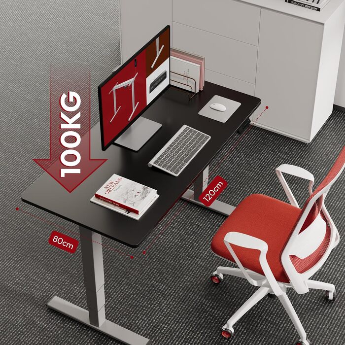Регульований по висоті письмовий стіл SANODESK 120×80 см, електричний стіл для роботи стоячи та сидячи, два двигуни, USB-порт, пам'ять позицій та захист від зіткнень (Сірий + Чорний)