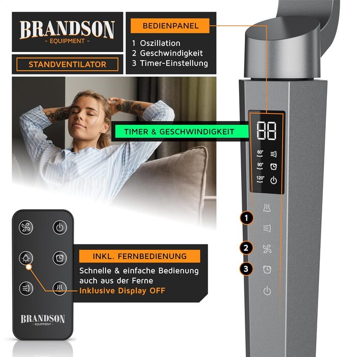 Вентилятор підлоговий Brandson 3D з DC-мотором, ECO-дизайн, надтихий. Економія енергії 60%, 24 швидкості, горизонтальне та вертикальне коливання