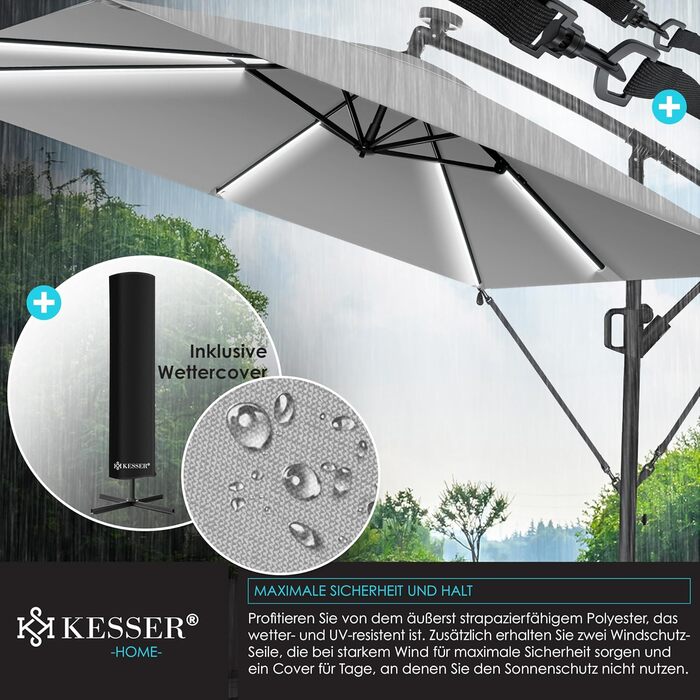 Сонячна прямокутна парасоля KESSER Holly з LED-підсвічуванням, алюмінієвий каркас, водовідштовхувальна, UV-захист, 350 см, з чохлом і фіксатором, світло-сіра для саду