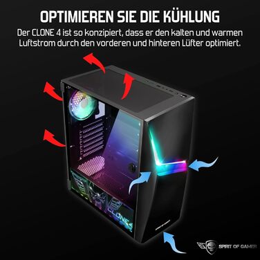 Корпус для ПК Spirit of Gamer Clone 4 RGB, прозора стінка із загартованого скла, для ігрового комп'ютера, середній Tower, сумісний з ATX/MATX/ITX, 2 адресовані вентилятори 120 мм у комплекті